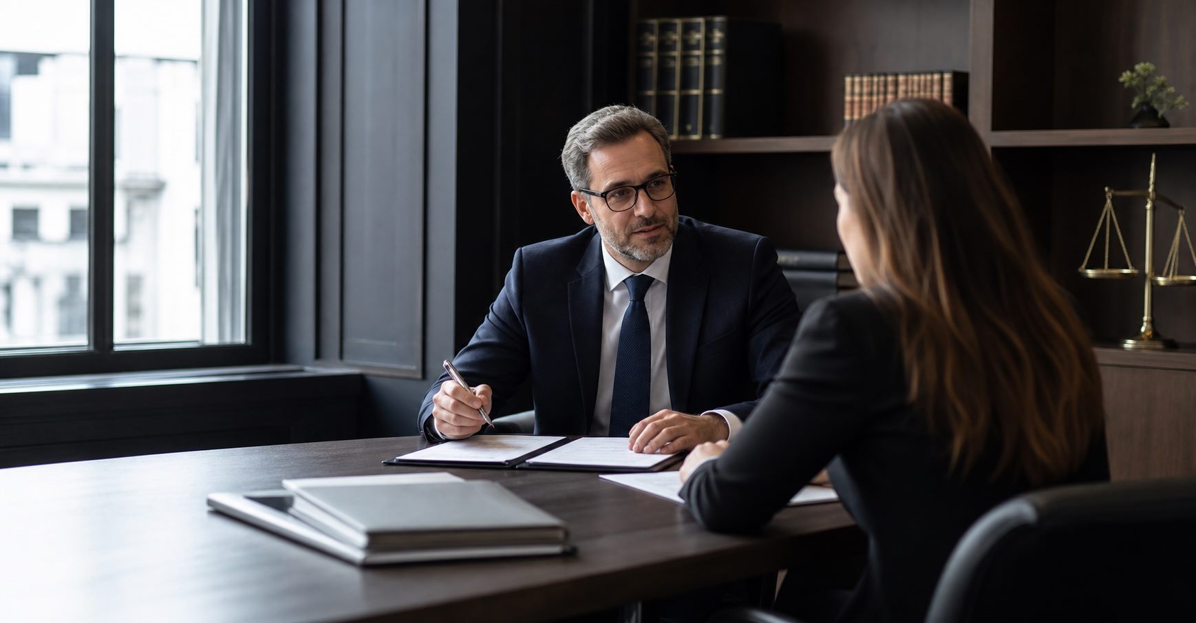 Solicitor consultation in a modern legal office