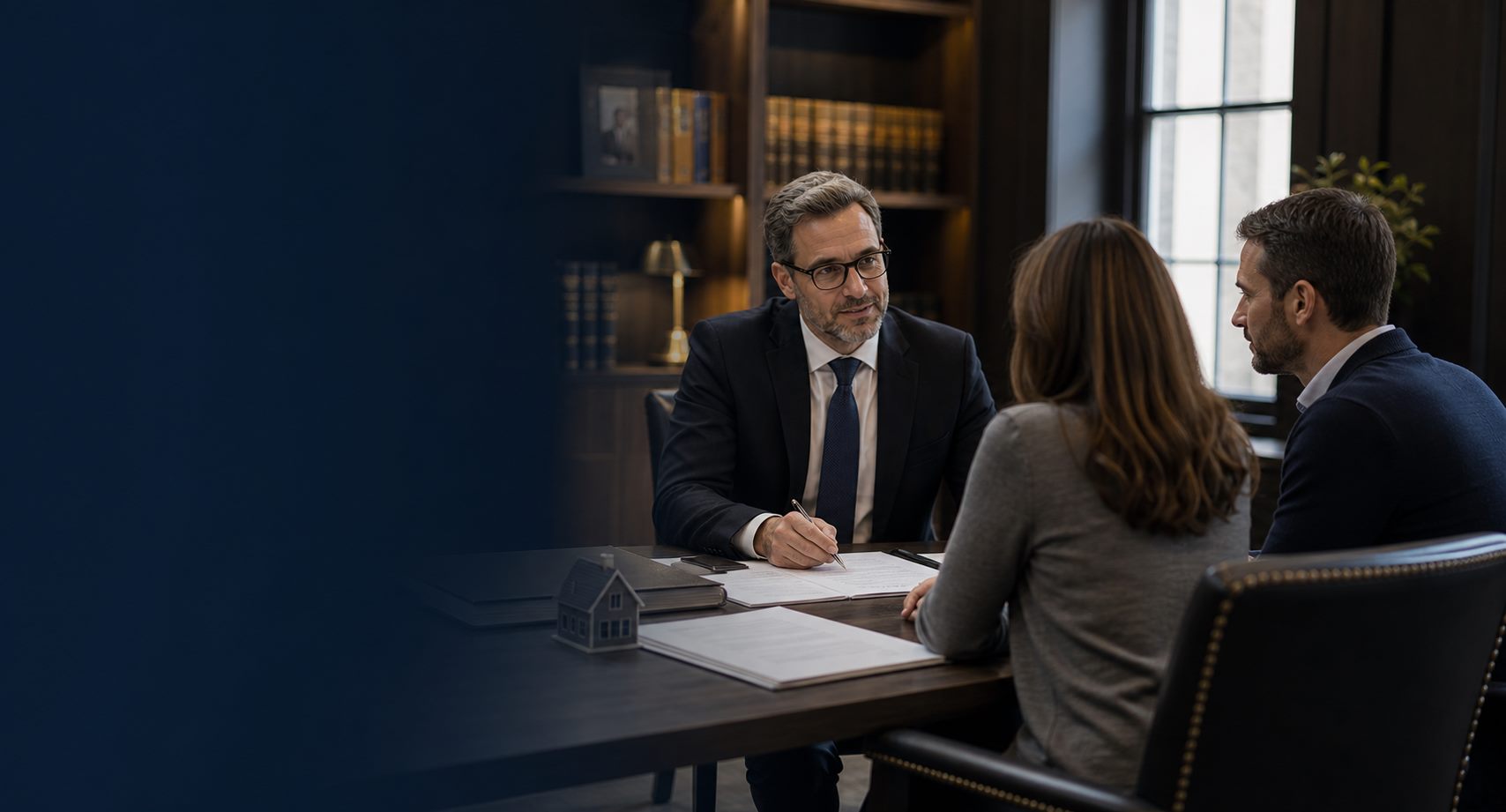 Solicitor meeting clients in a refined legal office