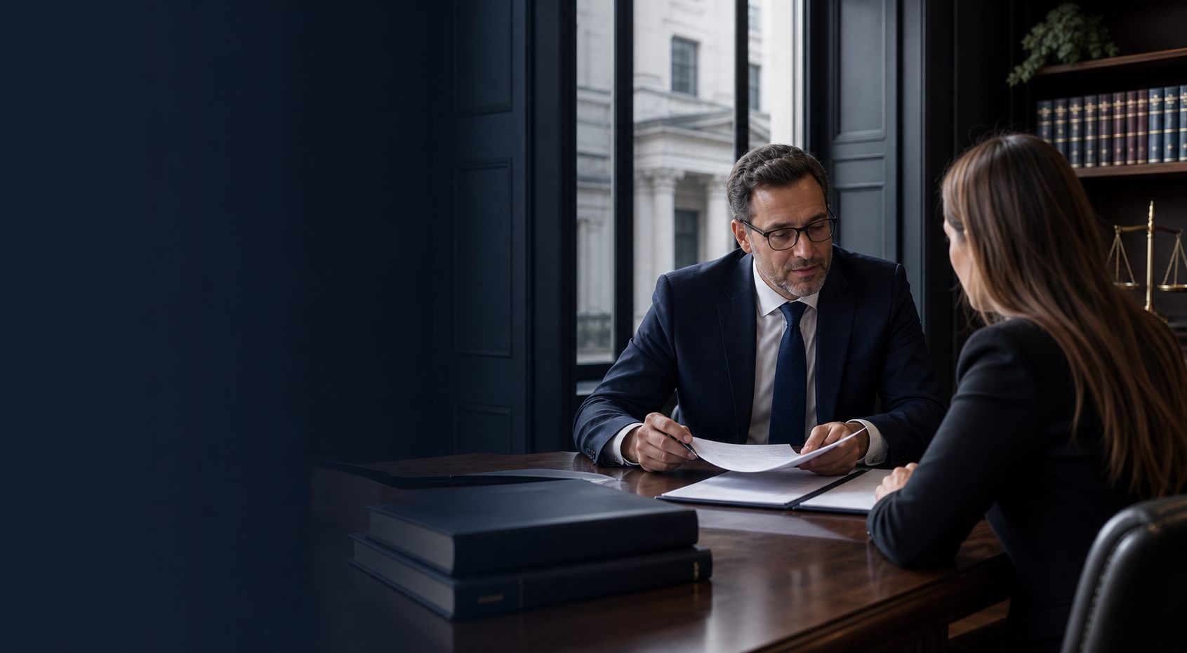 Solicitor reviewing legal documents with a client