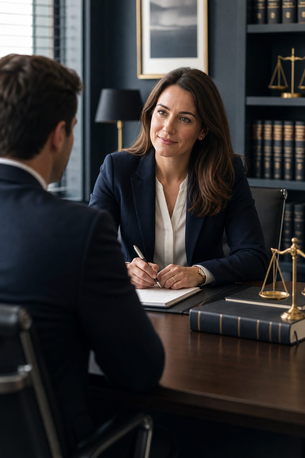 Solicitor speaking with a client in a modern legal office