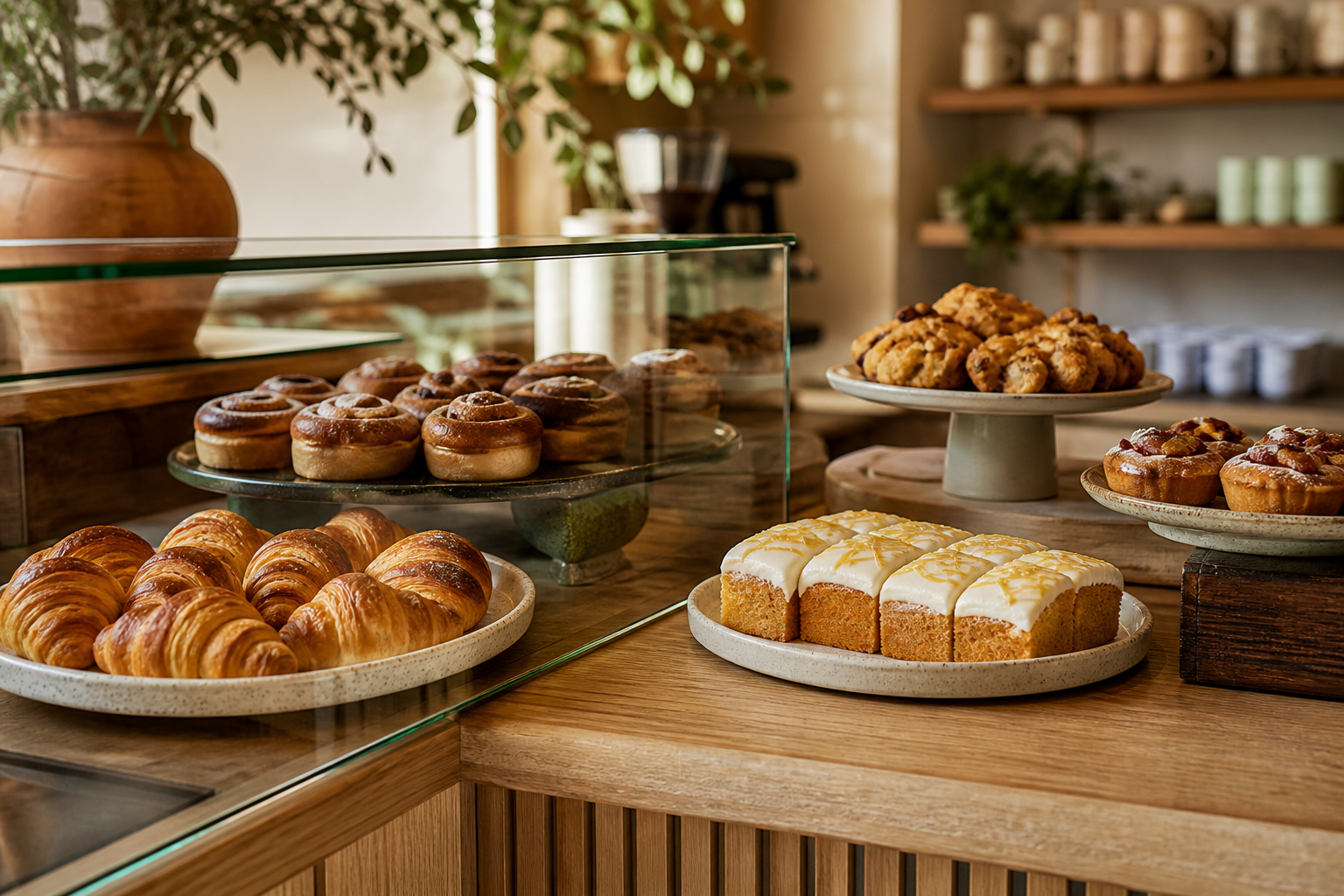Cafe pastry counter with croissants, buns, cakes, and warm wood display