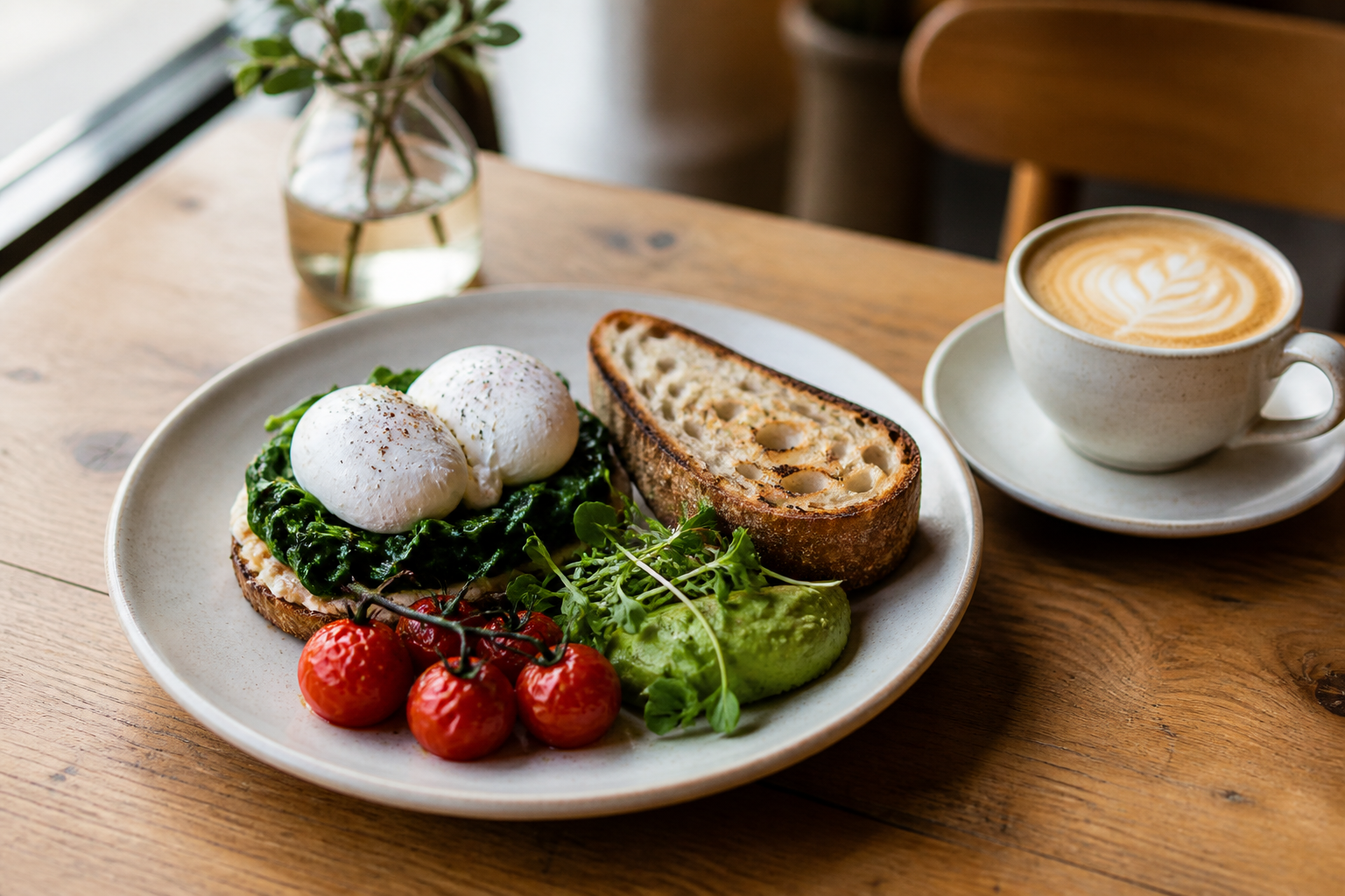 Brunch plate with poached eggs, greens, sourdough toast, tomatoes, and coffee