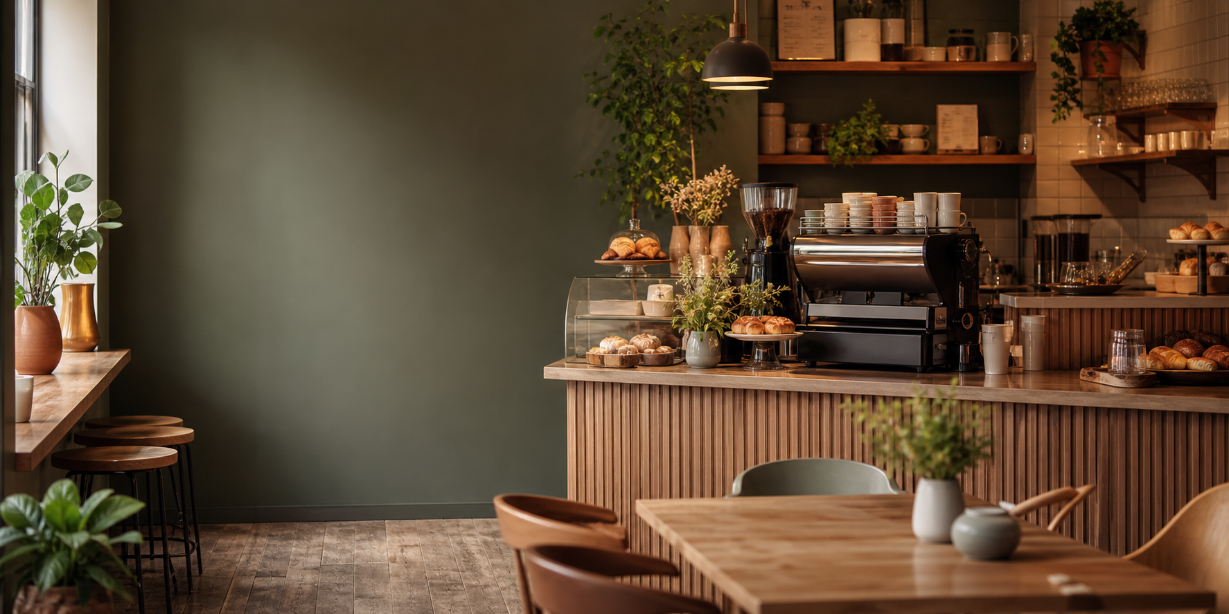 Warm cafe counter with espresso machine, pastries, plants, and wooden seating