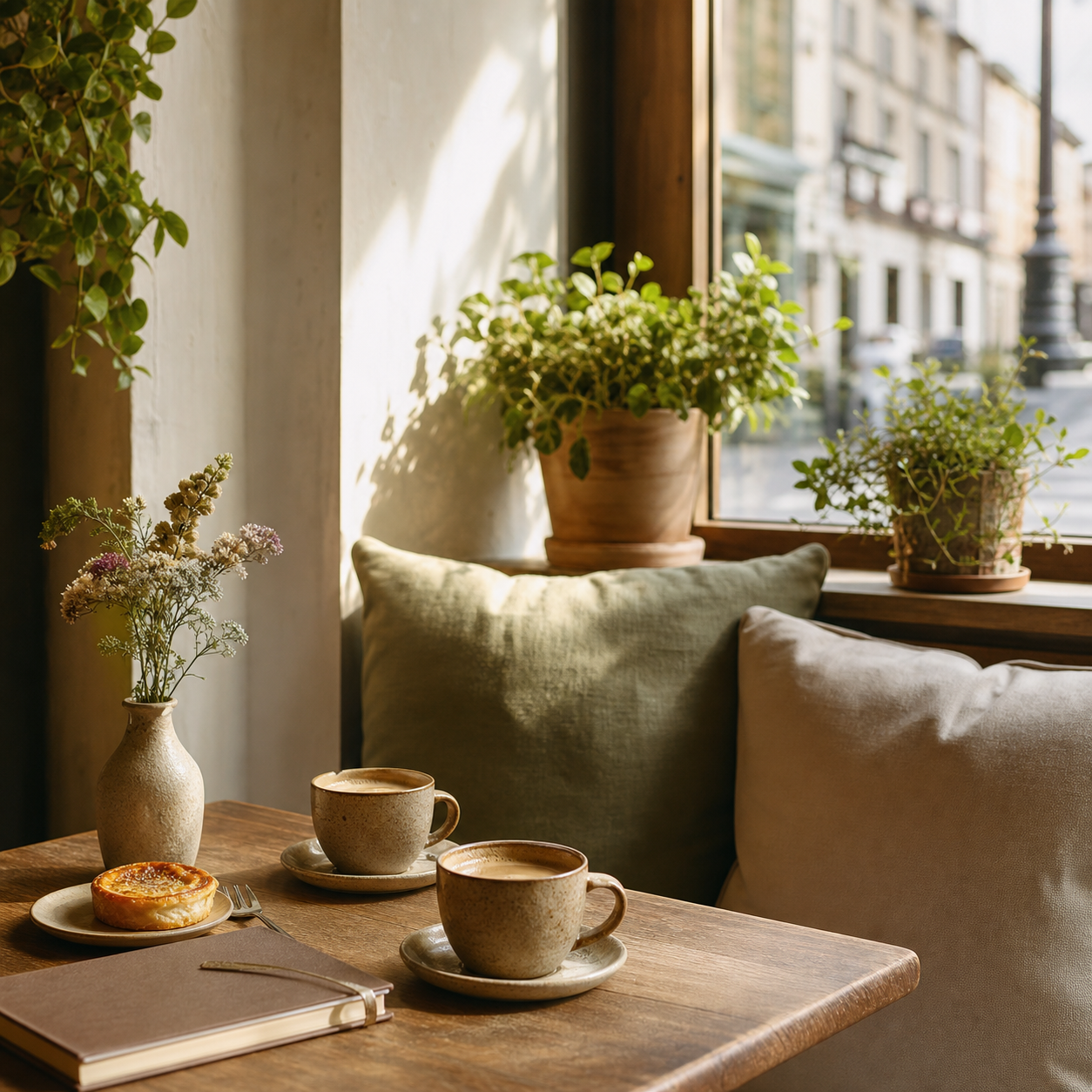 Cafe window table with coffee, plants, cushions, and warm daylight